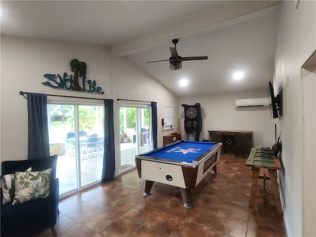 rec room featuring billiards, a wall unit AC, vaulted ceiling with beams, and ceiling fan