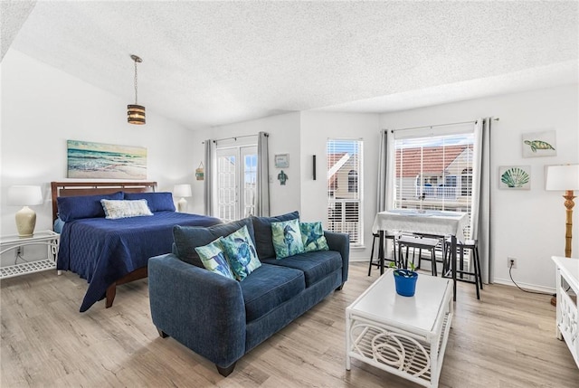 bedroom featuring multiple windows, vaulted ceiling, access to outside, and light hardwood / wood-style floors