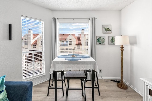 dining space featuring a healthy amount of sunlight, a textured ceiling, and light hardwood / wood-style flooring