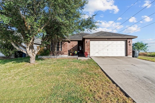 ranch-style home with a garage, brick siding, driveway, and a front lawn