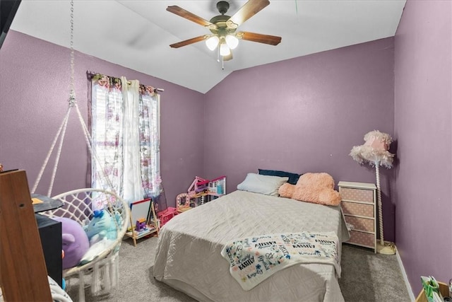 bedroom with lofted ceiling, baseboards, ceiling fan, and carpet