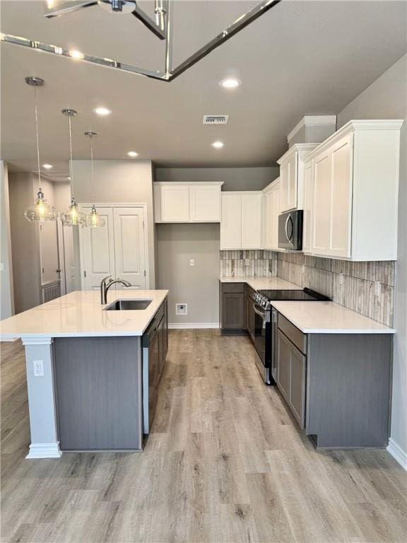 kitchen featuring decorative light fixtures, sink, white cabinetry, and stainless steel appliances