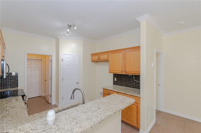 kitchen featuring light stone countertops, tasteful backsplash, and ornamental molding