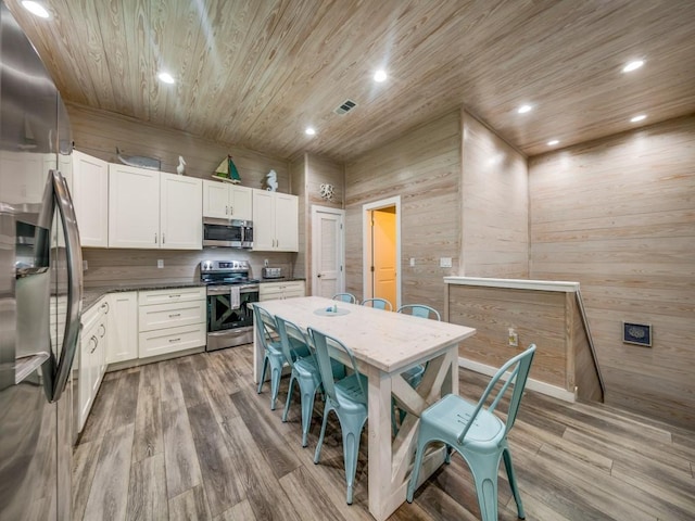 kitchen with white cabinets, appliances with stainless steel finishes, wooden walls, light hardwood / wood-style floors, and wooden ceiling