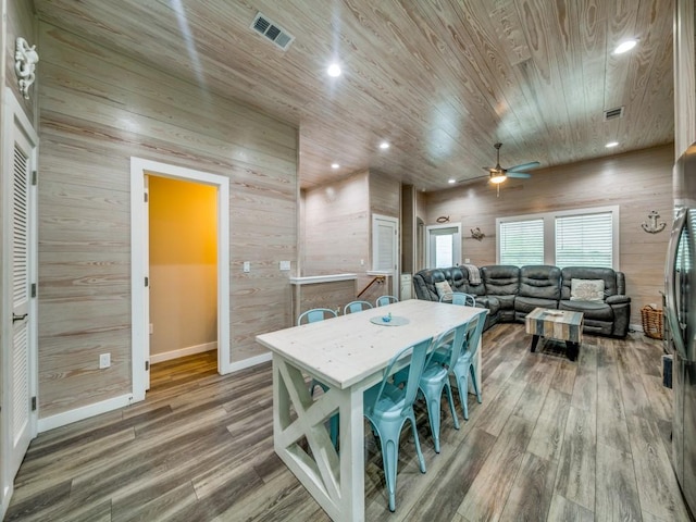 dining room with hardwood / wood-style flooring, wooden ceiling, ceiling fan, and wooden walls