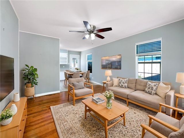 living room featuring ceiling fan and wood-type flooring