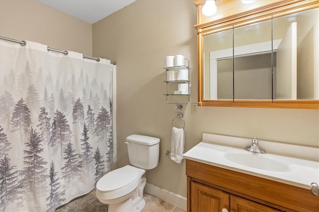 bathroom featuring tile patterned flooring, vanity, toilet, and a shower with curtain