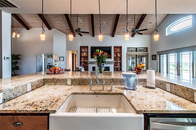 kitchen with light stone counters, stainless steel dishwasher, decorative light fixtures, and wood ceiling