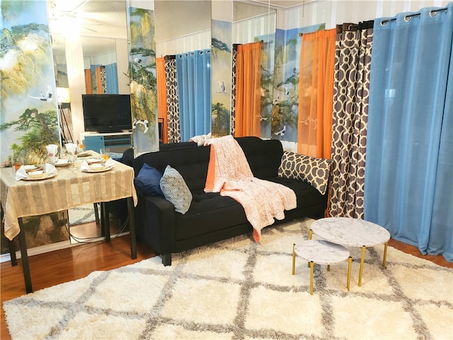 living room with hardwood / wood-style flooring and ceiling fan