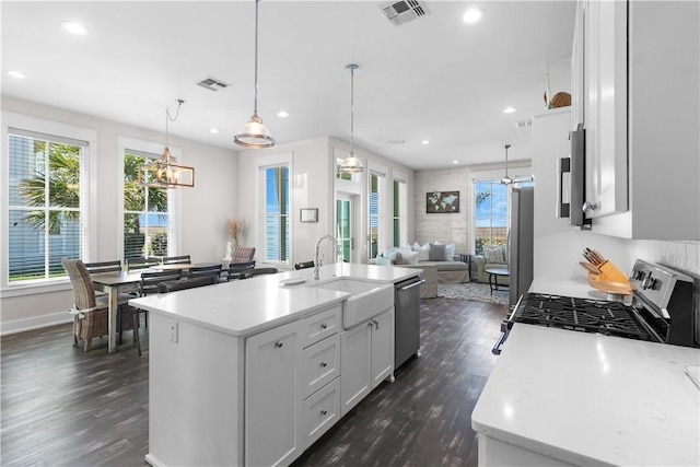 125 Fish Hook Ln, Port Aransas, TX 78373 - kitchen featuring a sink, a healthy amount of sunlight, appliances with stainless steel finishes, dark wood-style flooring, and visible vents
