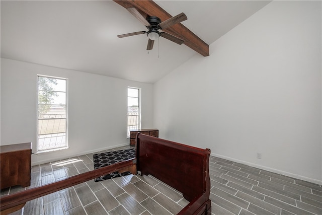 bedroom with vaulted ceiling with beams, multiple windows, dark wood-type flooring, and ceiling fan