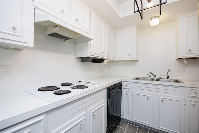 kitchen featuring premium range hood, white cabinets, sink, dishwasher, and white electric cooktop