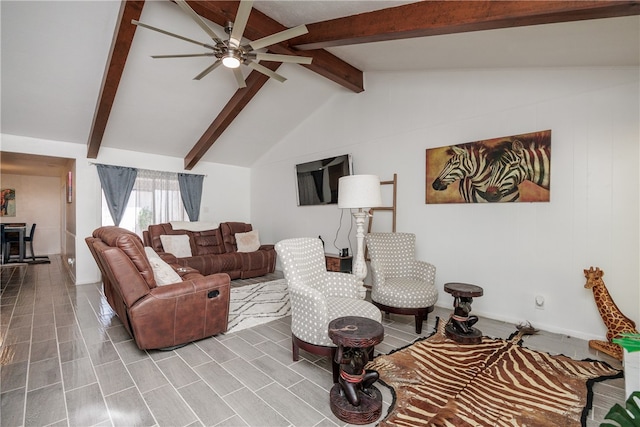 living room featuring lofted ceiling with beams and ceiling fan