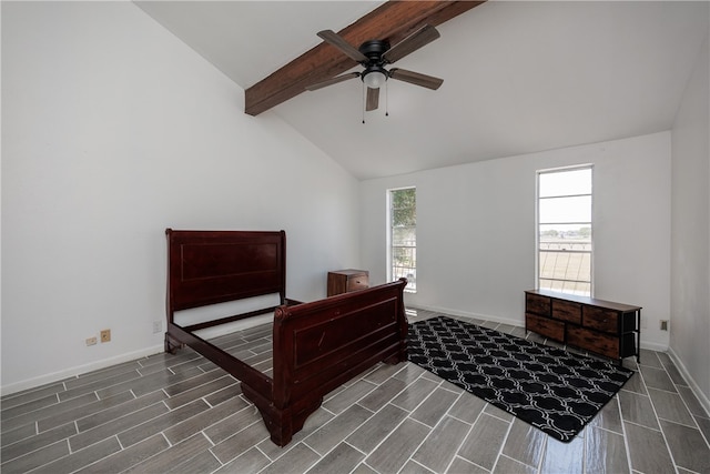 bedroom featuring lofted ceiling with beams, ceiling fan, and dark hardwood / wood-style floors