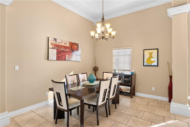 dining area with an inviting chandelier, baseboards, ornamental molding, and light tile patterned flooring