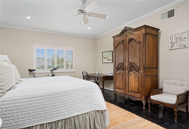 bedroom featuring crown molding, ceiling fan, and dark hardwood / wood-style floors