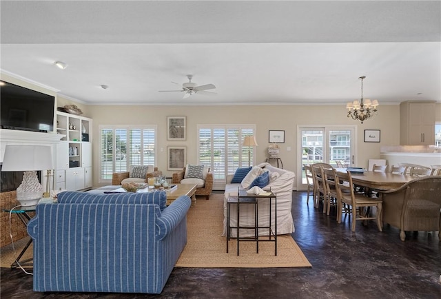 living room with ornamental molding and ceiling fan with notable chandelier