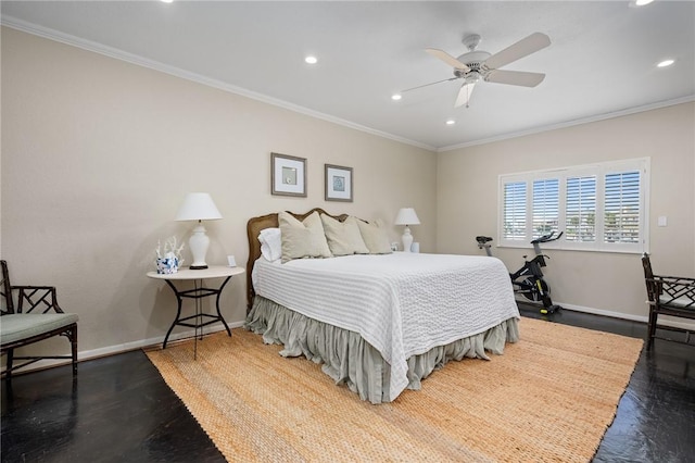 bedroom featuring hardwood / wood-style flooring, ornamental molding, and ceiling fan