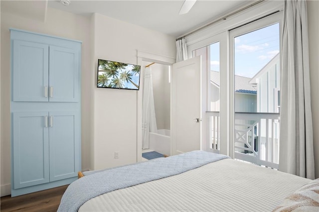 bedroom with dark wood-style floors and ceiling fan