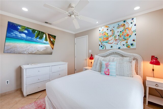 bedroom with ceiling fan, crown molding, and light tile patterned flooring