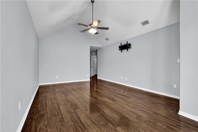 unfurnished room featuring hardwood / wood-style floors, ceiling fan, and vaulted ceiling