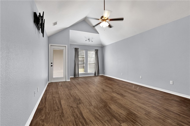 unfurnished living room featuring hardwood / wood-style floors, ceiling fan, and lofted ceiling