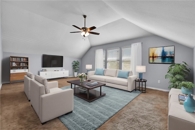 living room with light colored carpet, ceiling fan, and vaulted ceiling