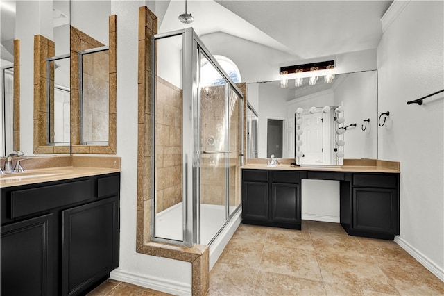 bathroom featuring walk in shower, vanity, and ornamental molding