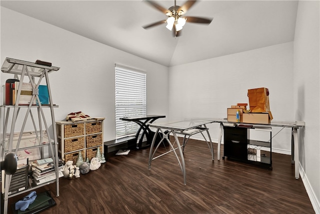 rec room with dark wood-type flooring, ceiling fan, and vaulted ceiling