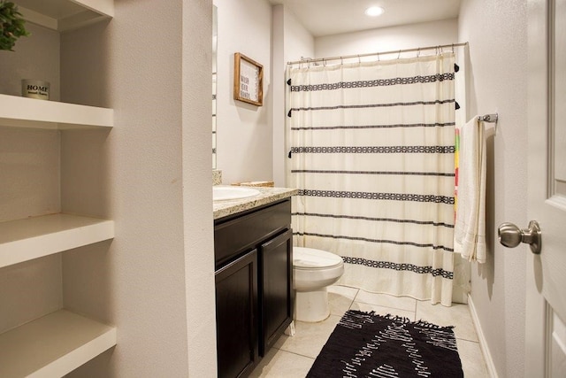 full bath featuring tile patterned floors, toilet, a shower with curtain, and vanity