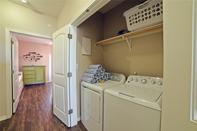 laundry area featuring dark wood-style floors, washing machine and dryer, and laundry area