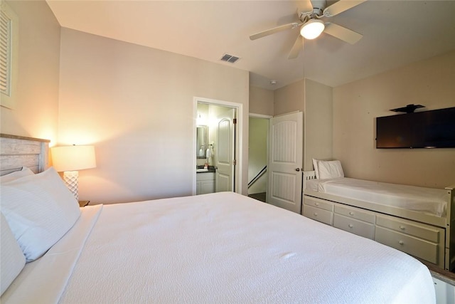 bedroom featuring visible vents, ensuite bathroom, and a ceiling fan