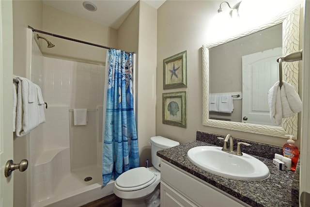 full bathroom with vanity, toilet, and a shower stall