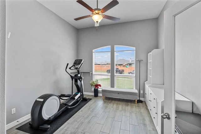 4229 Midlands St, Corpus Christi, TX 78414 - workout area featuring light wood finished floors, ceiling fan, and baseboards