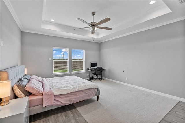 4229 Midlands St, Corpus Christi, TX 78414 - bedroom featuring a raised ceiling, crown molding, baseboards, wood finished floors, and recessed lighting