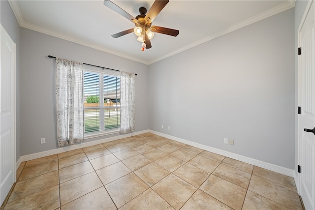 tiled spare room featuring ceiling fan and crown molding