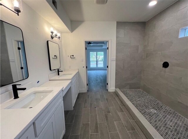 8038 Etienne Dr, Corpus Christi, TX 78414 - full bath with double vanity, walk in shower, wood finished floors, and recessed lighting