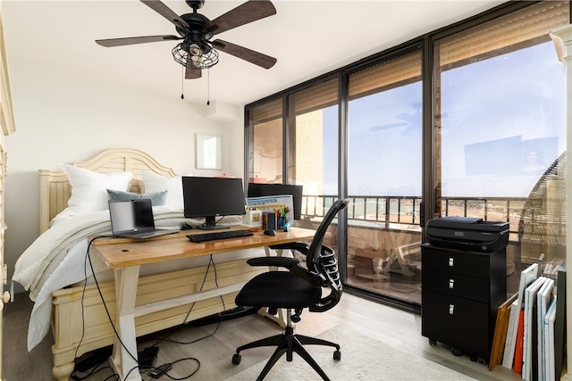 office with expansive windows, light hardwood / wood-style floors, and ceiling fan