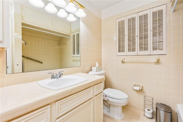 bathroom featuring tile walls, tile patterned flooring, vanity, a shower, and toilet