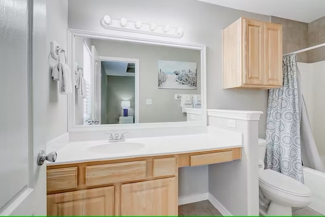 full bathroom with toilet, shower / tub combo with curtain, vanity, and tile patterned flooring