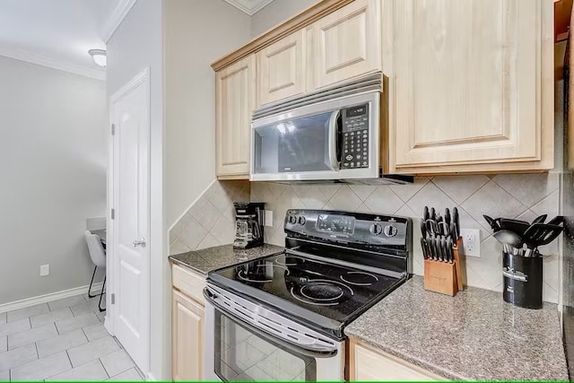 kitchen with light brown cabinets, black / electric stove, tasteful backsplash, and ornamental molding