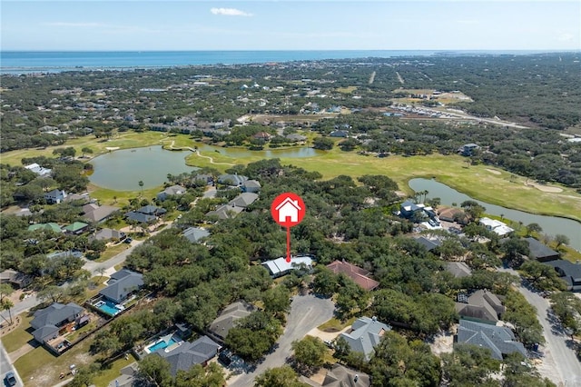 aerial view featuring a water view, a residential view, and golf course view