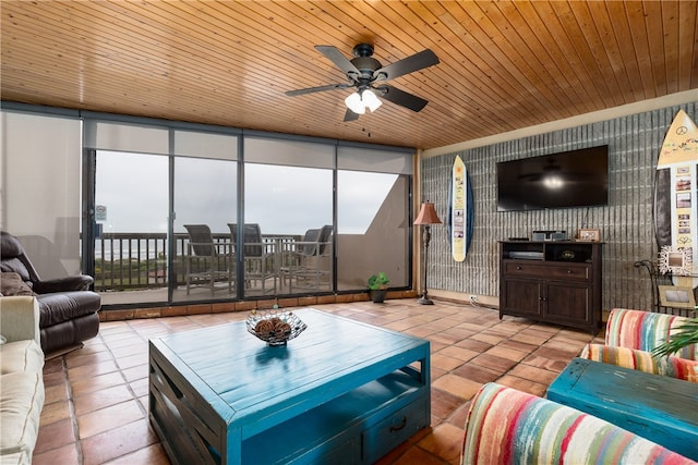 living room with wooden ceiling and ceiling fan