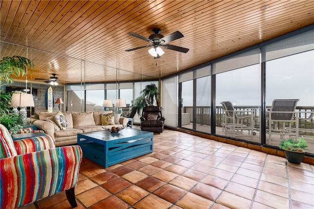 sunroom / solarium featuring wooden ceiling and ceiling fan