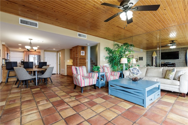 living room with wooden ceiling and ceiling fan with notable chandelier