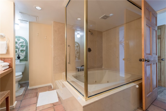 bathroom featuring shower with separate bathtub and toilet