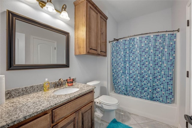 full bathroom with tile patterned flooring, vanity, toilet, and shower / bathtub combination with curtain