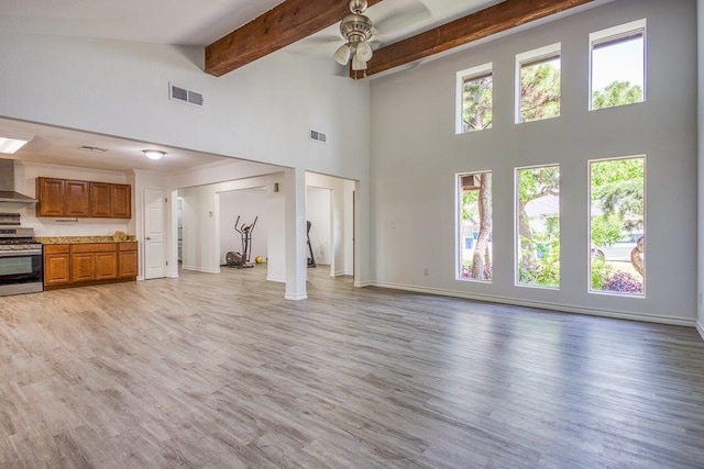 2307 Timber Ridge Dr, Portland, TX 78374 - unfurnished living room featuring a towering ceiling, ceiling fan, light wood-style flooring, and beamed ceiling