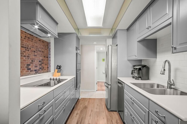 kitchen with gray cabinets, sink, wall chimney exhaust hood, stainless steel appliances, and light hardwood / wood-style flooring