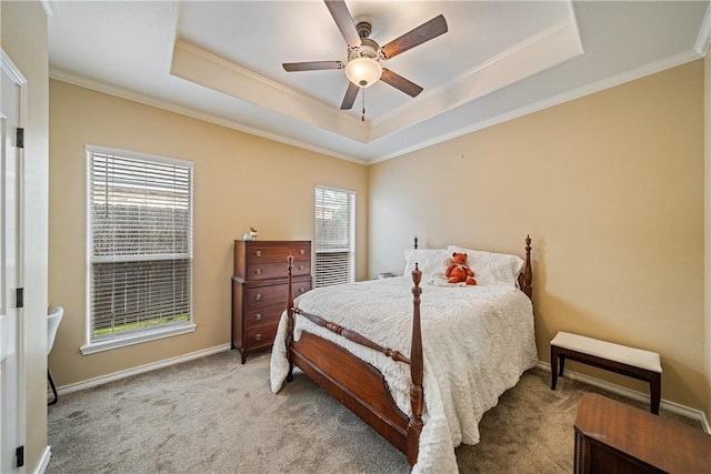 7526 Milan St, Corpus Christi, TX 78414 - bedroom with crown molding, a raised ceiling, carpet, and ceiling fan
